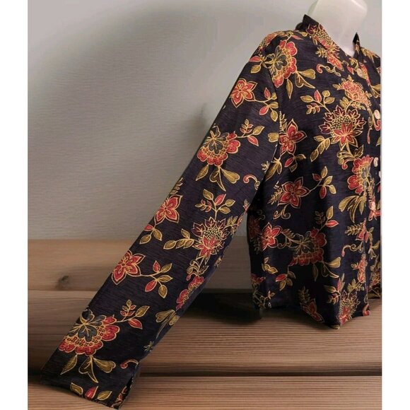 Nomadic Traders Silk Linen Blend Button Up Top Black Red Gold Floral Sz XL - Picture 3 of 6